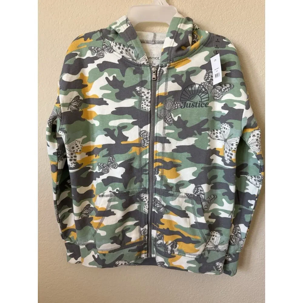 Justice Army Green Butterflies Fleece Full Zip Up Hoodie Jacket Size L 12/14